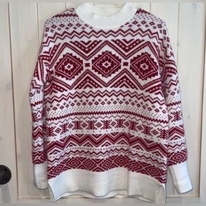 LOFT Red and White Geometric Fair Isle Sweater